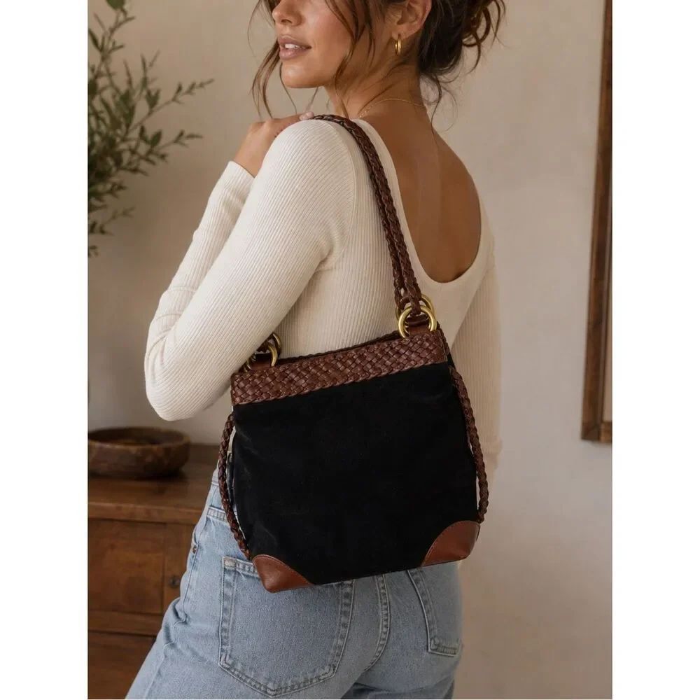 LJS Collection Black Suede Brown Leather Braided Shoulder Bag Vintage